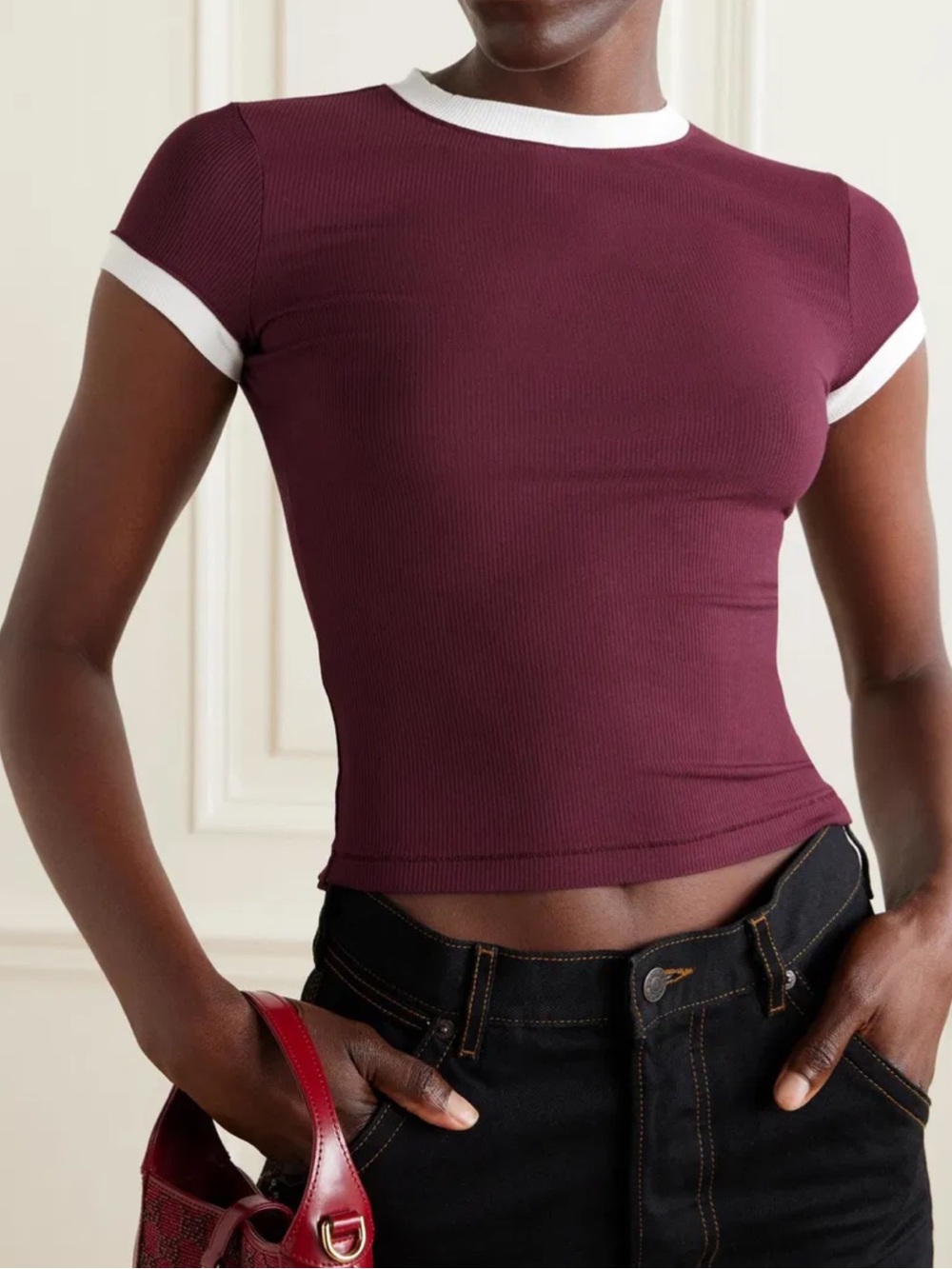 New Skims Women Top Red Maroon Burgundy Ribbed Lounge Ringer Short Sleeve Tee M